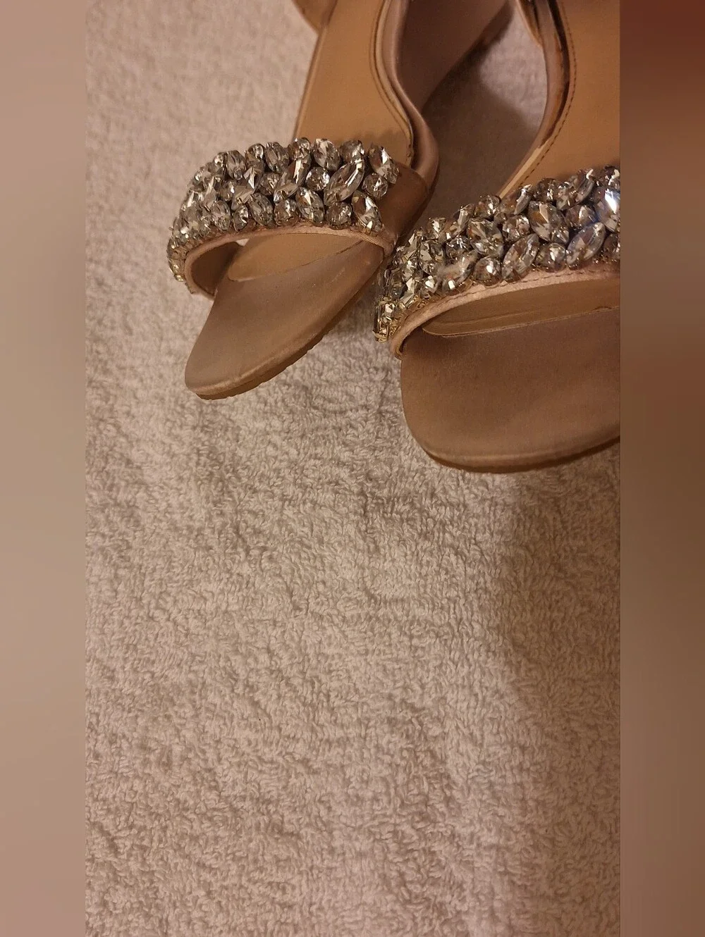 Jewel Badgley Mischka Champagne Satin. Crystal-Strap Open-Toe Sandals